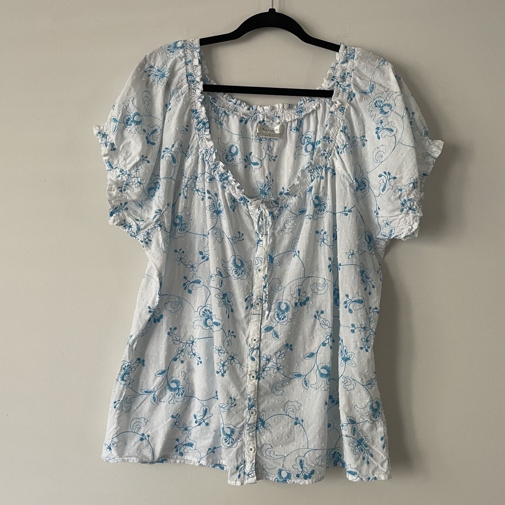 100% Cotton Floral Embroidered Puff Sleeve Tie Neck Top L Ruffle Cottage Prairie